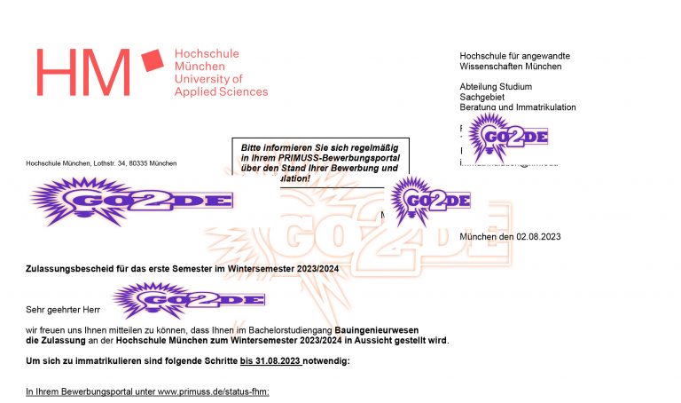 نمونه نامه پذیرش Hochschule München، مهندسی عمران